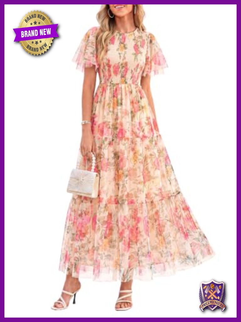 Women Tulle Floral Flowy Maxi Dress, Smocked Tiered A-Line, Lightweight Sheer